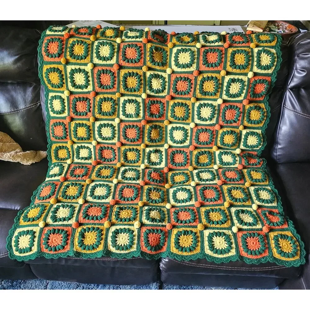 GRANNY SQUARE AFGHAN 4' x 6' Crochet Colorful Puff Balls Scalloped Edge GIFT